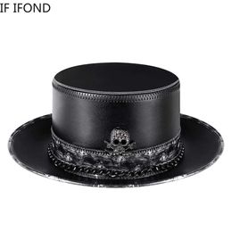 Party Hats Halloween Cosplay Party Dress Hats PU Leather Men Top Hat Skull Decoration Flat Fedoras Hat Magic Steampunk Caps HKD230807