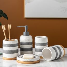 Bath Accessory Set Hand-painted Stripes Bathroom Products Ceramic Toothbrush Holder Toothpaste Dispenser Household Storage Tray Decoration