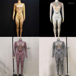 Stage Wear 4 Colors Rhinestones Pearls Jumpsuit Long Sleeves Elastic Romper Women Jazz Gogo Dance Costume Nightclub Rave Outfit DT1010