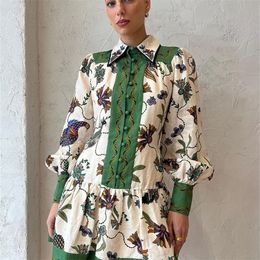 Urban Sexy Dresses Peacock Flower Printed Mini Pleated Dres Long Lantern Sleeve Single Breasted Fashion Holiday Summer Loose Robe l230804