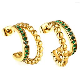 Hoop Earrings Bead C Shaped Huggie Texture Women Stainless Steel Vintage CZ Zircon White Green Crystal Temperament Ear Jewelry