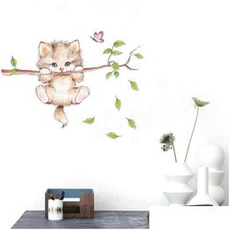 3D Wall Panel Stickers Cute Cat Butterfly Tree Branch For Kids Rooms Home Decoration Cartoon Animal Decals Diy Posters Decor Drop De Dhsme