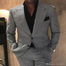 Houndstooth Mens Suits Groom Tuxedos Peak Lapel Men Wedding Tuxedo Fashion Men Jacket Blazer Prom Dinner Darty SuitJacket Pants B342o