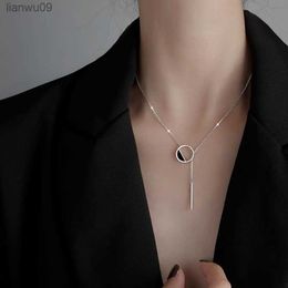 925 Sterling Silver Black Round Stick Chain Pendant Short Clavicle Necklace For Women Silver 925 Jewelry DA982 L230704