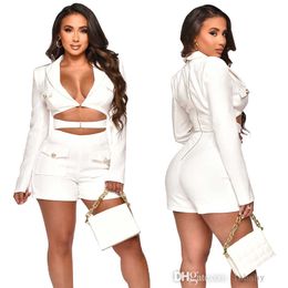 Fashion Women Jumpsuit Buckle Front Cutout Long Sleeve Notched Neck Blazer Shorts Rompers Jumpsuits Sexy Club Playsuit Sets