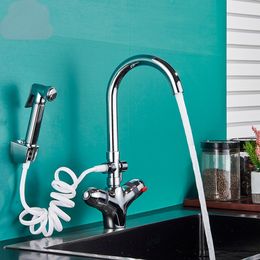 Chrome Thermostatic Kitchen Faucet Water Mixer Thermostat Taps Dual Handle Rotation Basin Brass Cranes Deck Mounted