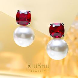 Stud Earrings Fashionable And Luxury Style Pearl 925 Silver Red Treasure Ear Studs Inlaid With Fritillaria Atmosphere Celebrity