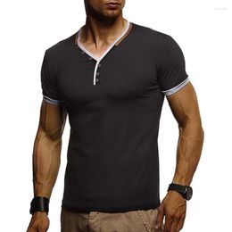 Men's T Shirts Summer Fitness V-neck T-shirt Neck Button Splicing Male High Street Stylish Men Top Clothes Man