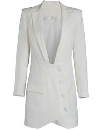 Women's Jackets Kisscc Sexy V Neck Long Sleeve White Jacket Mini Suit Padded Shoulder Coat