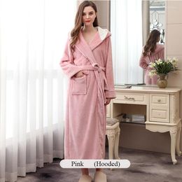 Women's Sleepwear Women' Warm Robe Winter Hooded Long Bathrobe Sleeve Solid Thicken Terry Soft Dressing Gown