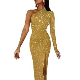 Casual Dresses Faux Gold Metallic Bodycon Dress Glitter Metal Print Sparkly Club High Slit Long Sleeve Graphic Streetwear