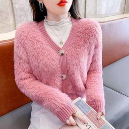 Women's Knits Soft Waxy Fluffy Imitation Mink Sweater Short Three-button Knitted Cardigan Women Pink Cropped Tops