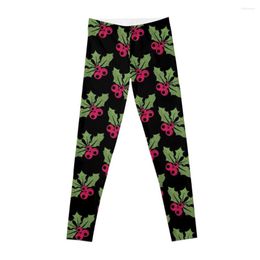 Active Pants Holly Leaf Berry Christmas Holiday Mistletoe Repeat Pattern Winter Nature Plants Leggings Gym Women