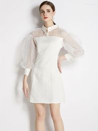 Casual Dresses Fashion See-through Sequins Organza Bubble Sleeve Patchwork Slim White Dress For Women Temperament Plaid Mini