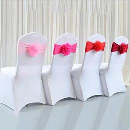 Capa para cadeira de casamento faixa com flor casamentos elasticidade capas para cadeiras banquete de hotel festa de aniversário assento encosto decoração TH1029