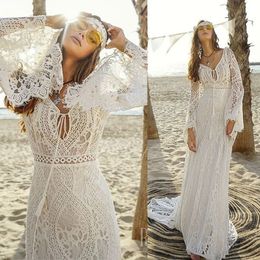 Sexy Summer Beach Mermaid Wedding Dress V-neck Long Sleeves Lace Boho Wedding Gown Sweep Train Bride Party Dresses Vestidos De Noiva 2023