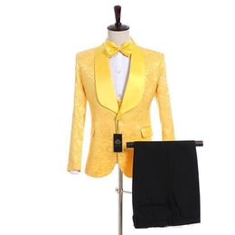 Real Po Yellow Paisley Groom Tuxedos Mens Prom Dress Party Suits Coat Waistcoat Trousers Set Jacket Pants Vest Bow Tie K206308Y