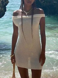 Casual Dresses Women S Ribbed Knit Bodycon Dress Elegant Off Shoulder See Through Sleeveless Mini Clubwear Street Style