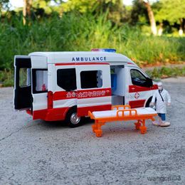 Diecast Model Cars 34 FORD Alloy Ambulance Vehicles Car Model Diecast Metal Toy Broadcast Car Model Simulation Sound and Light Kids Gifts R230807