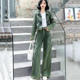 Women's Two Piece Pants Autumn Fashion Set 2023 Green Denim Jacket Coat High Waist Wide Leg Jeans Female Casual Suits
