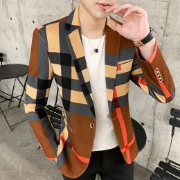 Luxury Mens casual blazers jacket spring and autumn trend British single western hair stylist handsome suit Men's Chequered Blazer Slim Fit BusinessSuit Jacket