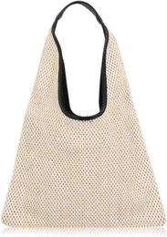 QTKJ Hand-woven Straw Shoulder Bag Boho Black Leather Top Handle Tote Retro Summer Beach Bag Holiday Travel Handbag HKD230807