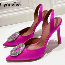 Sandals 2023 Sexy High Heel Wedding Pumps Rose Red Satin Women Shoes Point Toe Square Crystal Buckle Summer Formal Party
