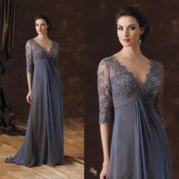 Mother Of The Bride Dresses Half Sleeves A-Line V-Neck Empire Waist Mother Of Groom Dress Floor-Length Chiffon Evening Gowns279B