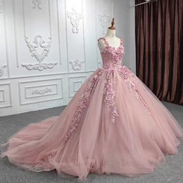 Rose Pink Mexican Charro Quinceanera Dresses 3D Floral Lace Beaded Corset Chapel Train Sweet 15 vestidos de debutantes pink