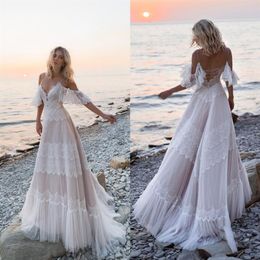 2021 Spaghetti-Trägern Spitze A-Linie Brautkleider Tüll Applikation Rüschen Sweep Zug Sommer Strand Hochzeit Brautkleider robe de mar290j