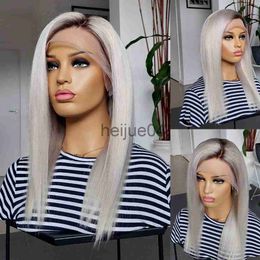 Human Hair Capless Wigs Ombre Platinum grey Lace Front Wig Human Hair colored Wig Grey White Brazilian Hair HD Transparent Lace Wigs for women dark root x0802