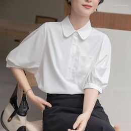 Women's Blouses Women Tops And Blouse Chiffon White Short Sleeve Puff Solid Simple Shirts Elegant Fashion Clothing Button Office Ladies