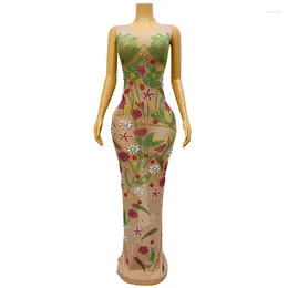 Stage Wear Colourful Flowers Rhinestones Nude Transparent Mesh Long Dress Birthday Celebrate High Neck Party Outfit Dance Youhua