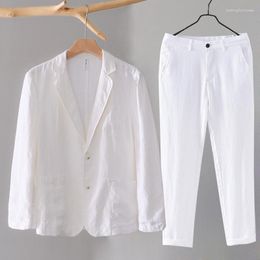 Men's Suits White Linen Suit Spring Summer Cotton Casual Jacket Man Thin 2 Piece Set Blazer Long Sleeve Pants Fashion 2023