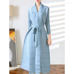 Casual Dresses DUOSHA Women Pleated Dress Midi Lapel Belt High Elastic Long Sleeve Style Female 2023 Autumn Fashion 45587