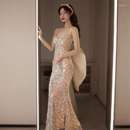 Ethnic Clothing Sexy Sparkly Sequin Fishtail Wedding Dress Toast Women Fairy Spaghetti Strap Backless Party Gown