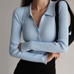 Women's Knits Women Sexy V Neck Turn-down Knitted Cardigan Sweater Chic Slim Solid Colour Buttons Y2k Tops Autumn Winter Korean Clothes