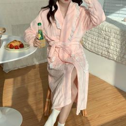 Women's Sleepwear Pink Thick Bathrobe Female Warm Flannel Sleepwearruffle Trim Home Clothes With Belt Winter Kimono Coral Velvet Nightwear