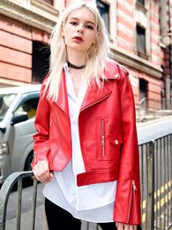 Womens Jackets Fitaylor Women Faux PU Leather Coat Casual Lady Red Motorcycle Jacket Vintage Lapel Short Biker 230808