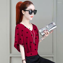 Women's Blouses Fashion V-Neck Polka Dot Batwing Sleeve Korean Blouse Clothing 2023 Summer Oversized Casual Tops Commuter Shirt