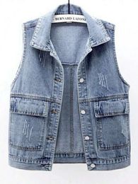 Women's Vests Spring and summer denim vest women's short Korean version loose and versatile large pocket sleeveless vest jacket waistcoat 230808