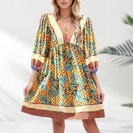 Casual Dresses Women V Neck Bohemian Floral Dress Loose Mini Ladies 3/4 Flare Sleeve Party Short Mid Length