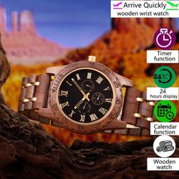 Wristwatches Men's Quartz Watch Wood Watches Fashion Retro Walnut Wooden Gold Multifunctional Date Week Display Unique Holiday Christmas