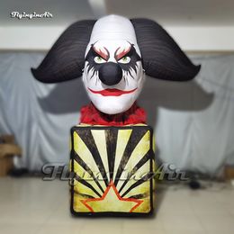 Funny Large Inflatable Replica Clown Head Statue With A Cubic Table For Circus Stage Decoration