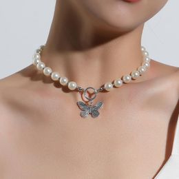 Choker Vintage Imitation Pearl White Butterfly Pendant Necklace For Women Girls Fashion Summer Party Jewellery Trendy 2023