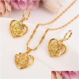 Earrings Necklace Set 18 K Fine Solid Gold Gf Outline Border Heart Flower Europe Women Bridals Jewelry Gift Dubai Pendnat Dhgarden Dhpfx