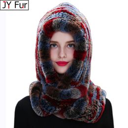 Scarves Fur Hat Ladies Knitted Scarf 100% Real Rex Rabbit Fur Hooded Scarf Winter Warm Natural Novel Wool Hat Large Female Fur Hat 230807