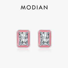 Stud Modian 925 Sterling Silver Rectangle Enamel Fashion Earrings Sparkling Zirconia for Women Wedding Fine Jewellery 230807