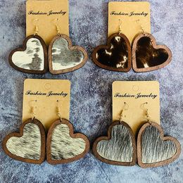 Dangle Earrings Cowhide Animal Leopard Leather Inset Wood Love Heart Drop For Women Cowgirl Jewelry Western