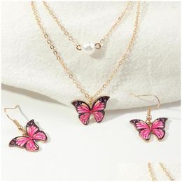 Earrings Necklace Set Fashion Butterfly Pendant Necklaces Jewellery Colorf Pearl Bridal Jewellery For Womens Girls Drop Deliv Dhgarden Dhsb3